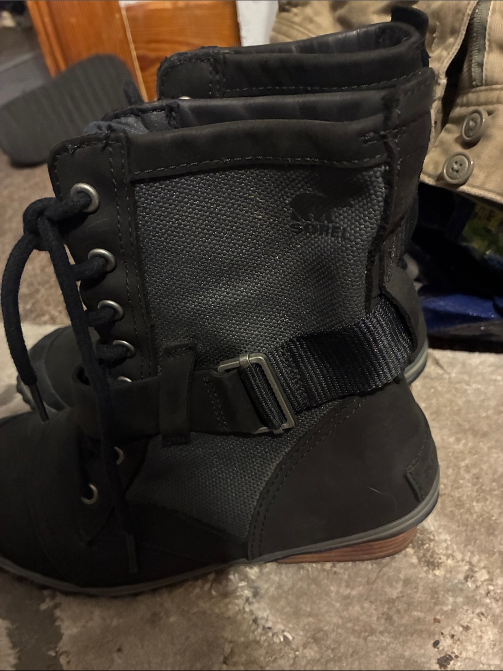 Sorel Black Lace-Up Ankle Boots with Buckle Strap - Picture 4 of 5